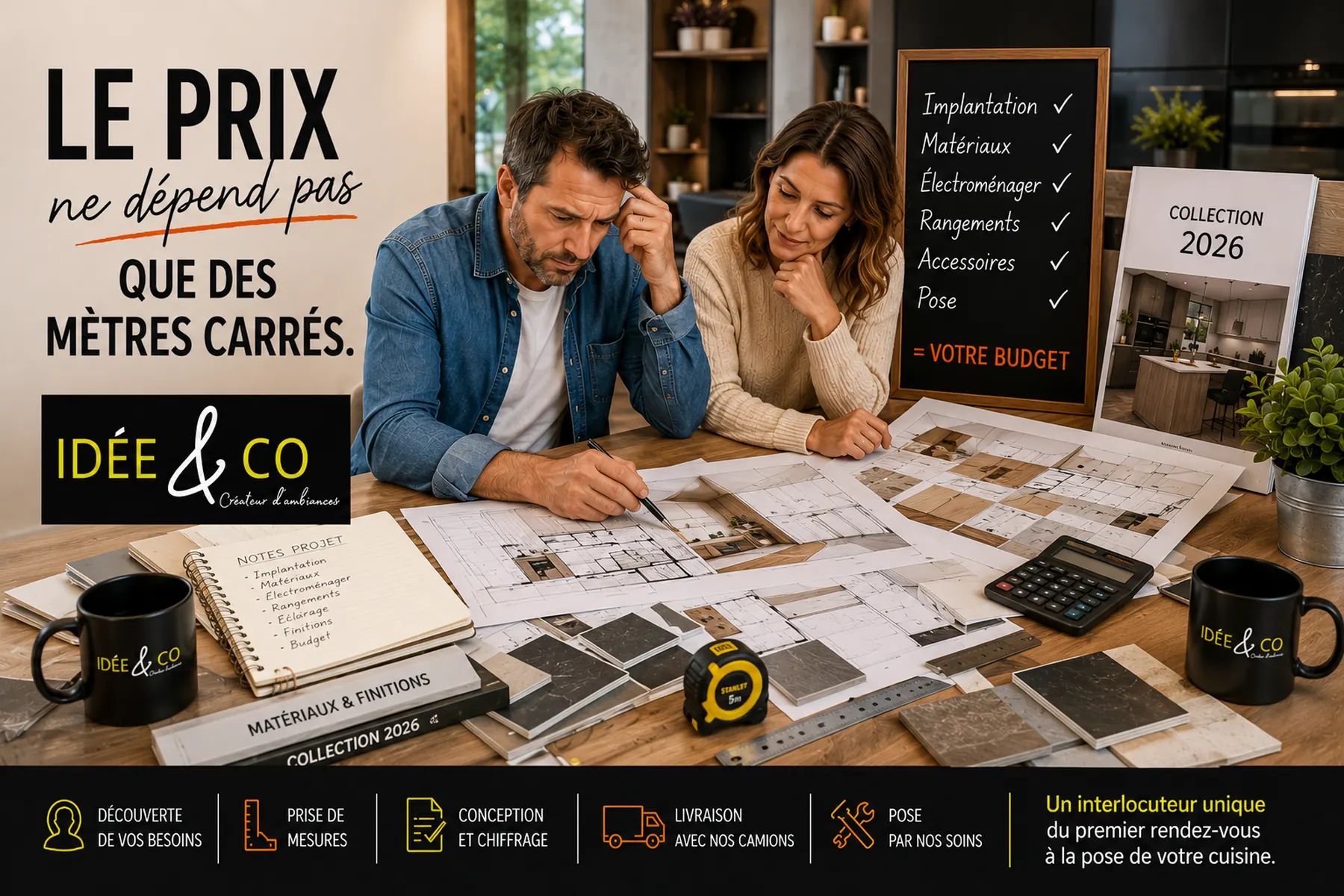 Étude de projet cuisine sur mesure dans le showroom IDEE&CO Verdun