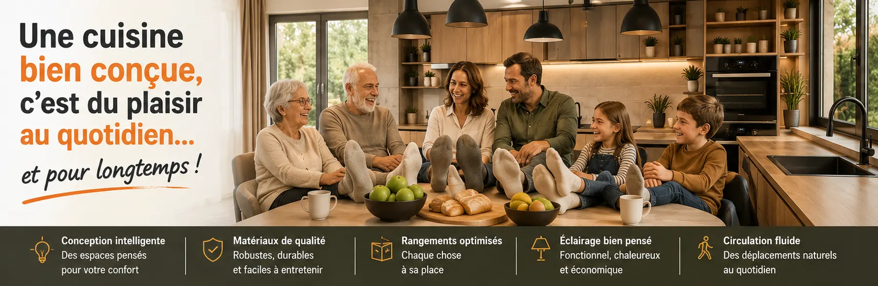 Cuisine moderne bien conçue avec circulation fluide, rangements accessibles et plan de travail dégagé