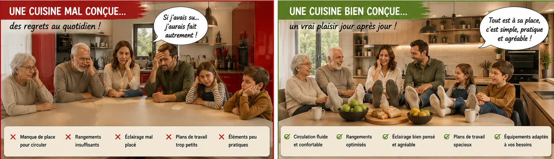 Scène humoristique montrant les difficultés provoquées par une cuisine mal conçue