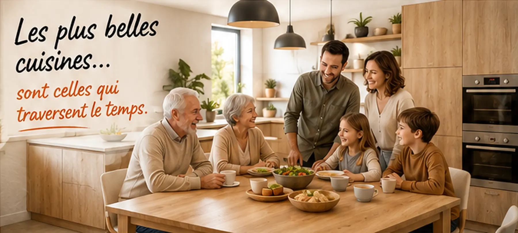 Cuisine intemporelle en bois clair réunissant plusieurs générations autour d'une table