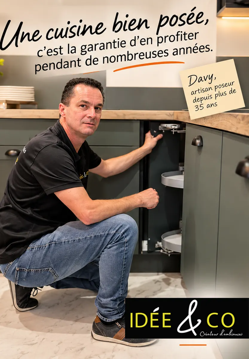 Davy examine et ajuste un mécanisme de rangement dans une cuisine IDEE&CO