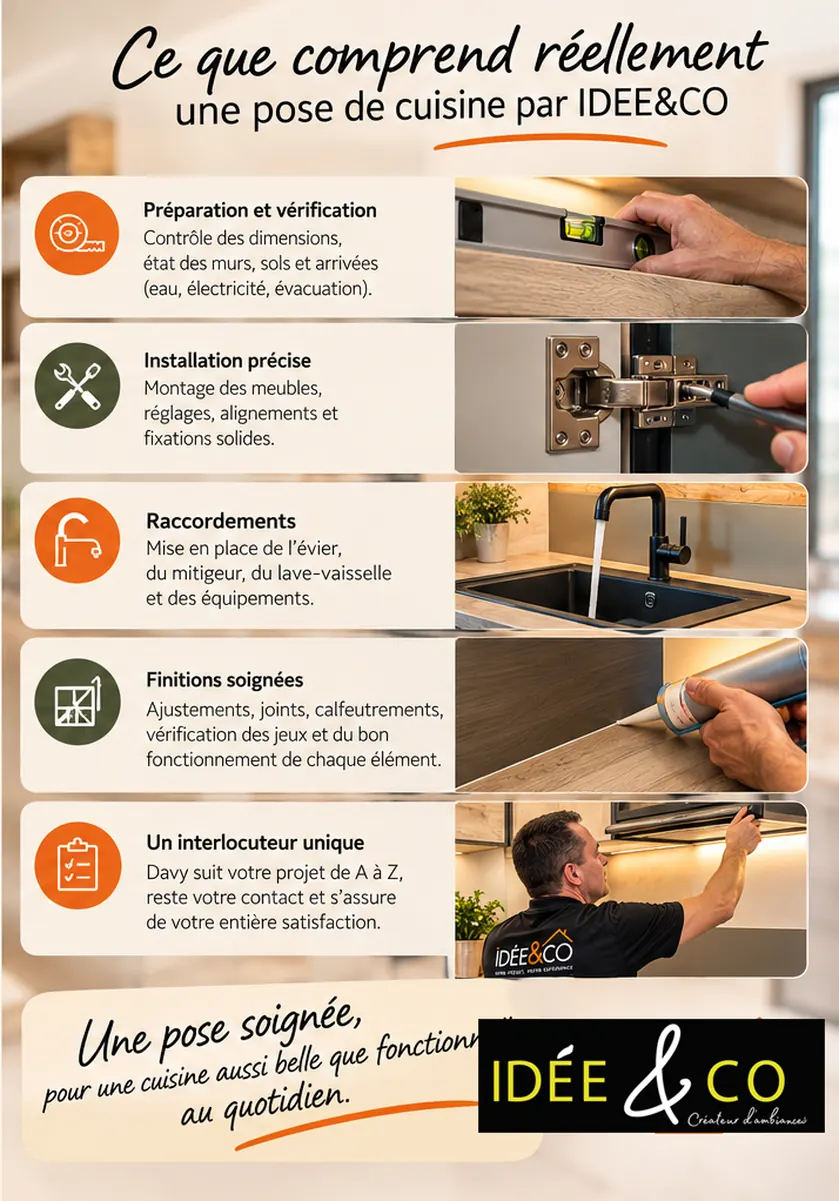 Détails de finition et de réglage lors de la pose d'une cuisine