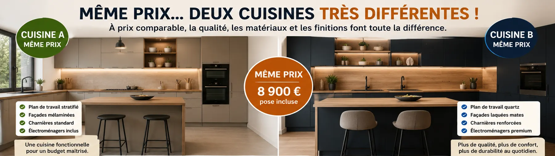 Deux cuisines de prix comparable présentant des différences de conception, de rangements et de finitions
