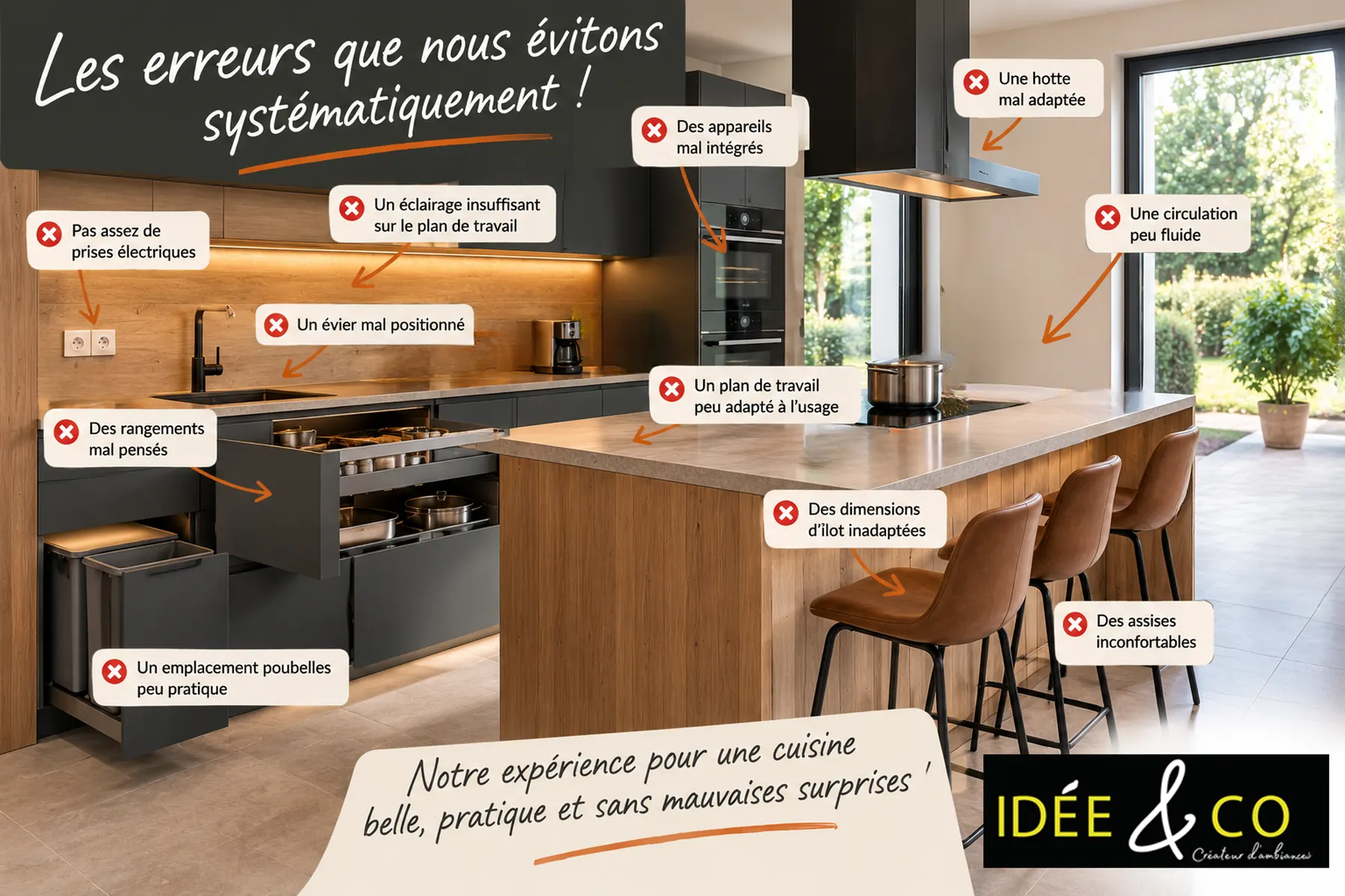 Illustration humoristique des erreurs de conception évitées avant l'installation d'une cuisine