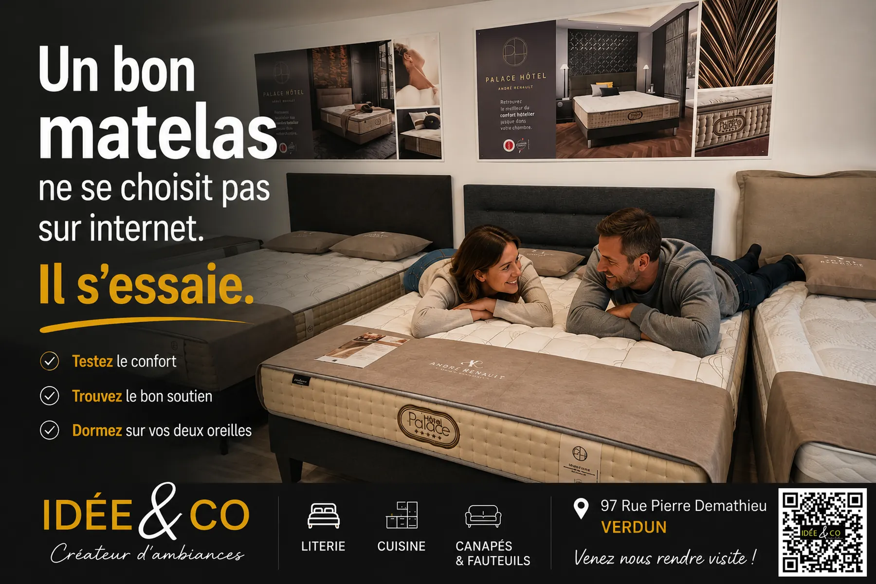 Couple essayant un matelas dans le showroom literie IDEE&CO à Verdun