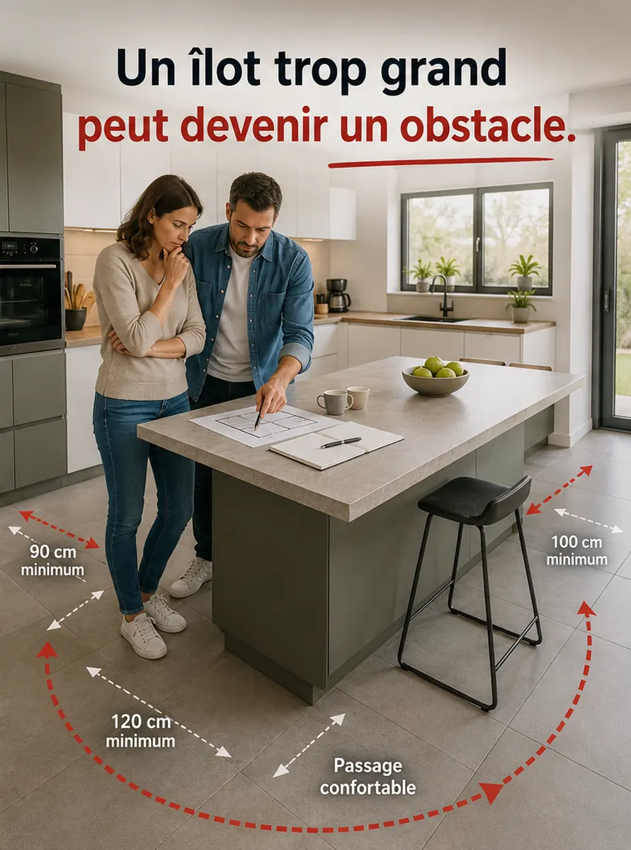 Étude des espaces de circulation autour d'un îlot central dans une cuisine