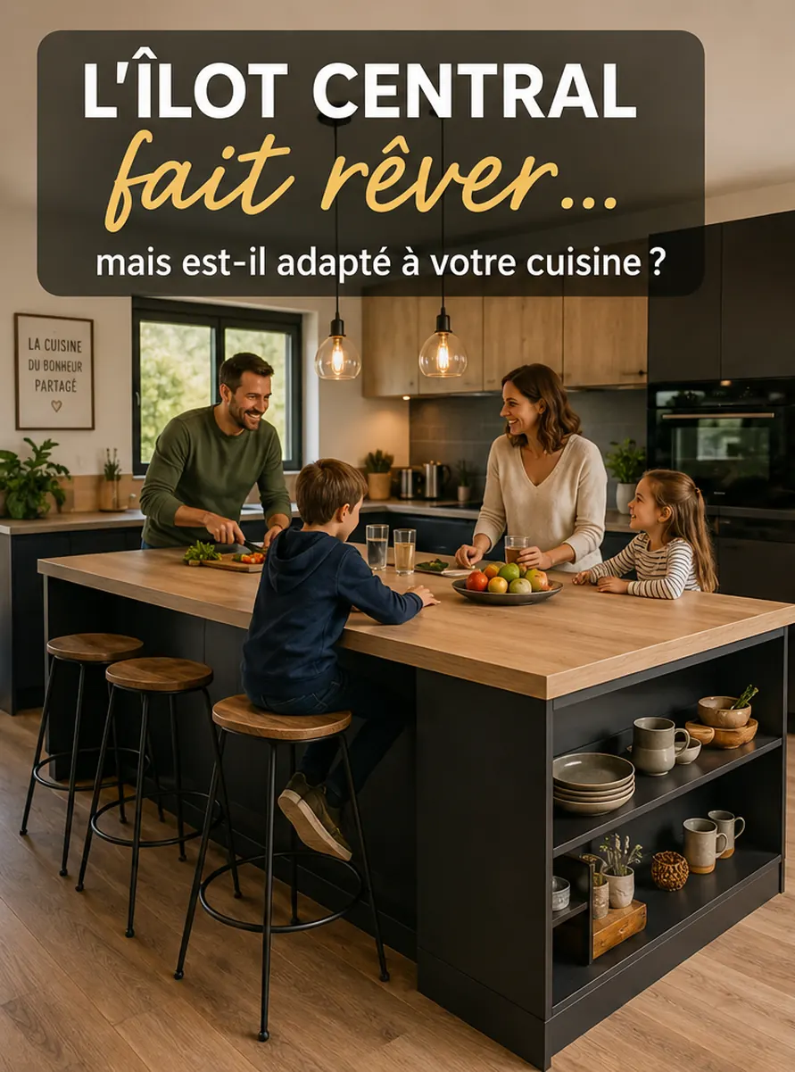 Famille réunie autour d'un îlot central dans une cuisine moderne IDEE&CO Verdun
