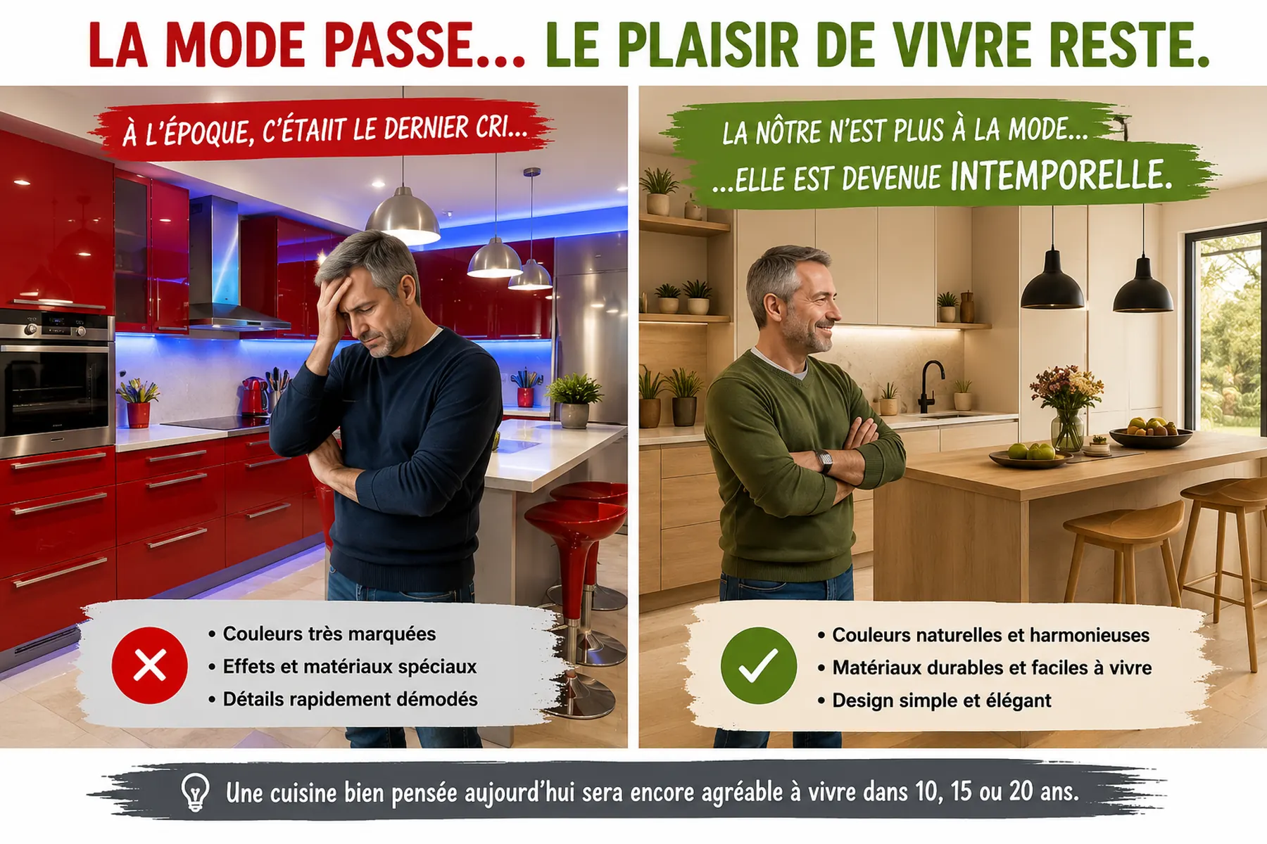Comparaison humoristique entre une cuisine très tendance devenue datée et une cuisine intemporelle