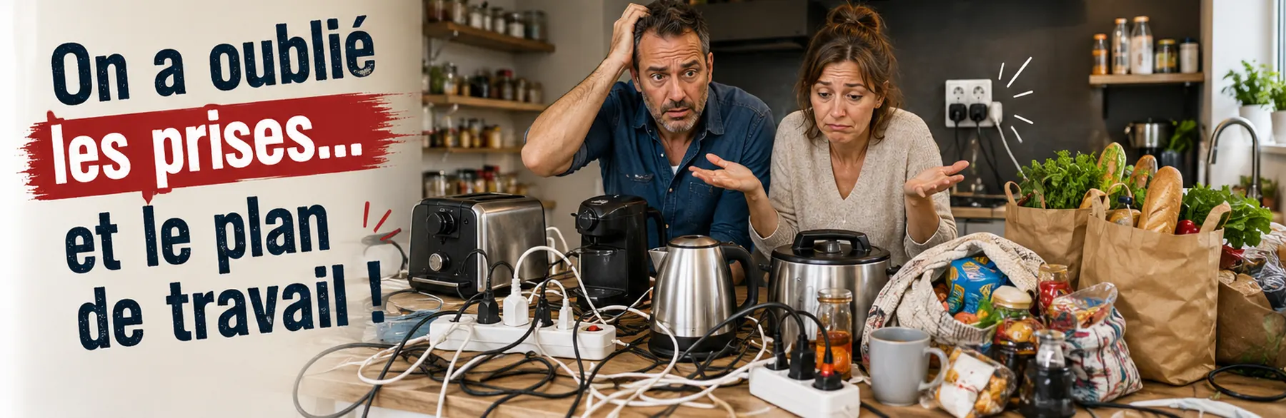 Couple entouré de rallonges et de petits appareils faute d'avoir prévu suffisamment de prises et de plan de travail