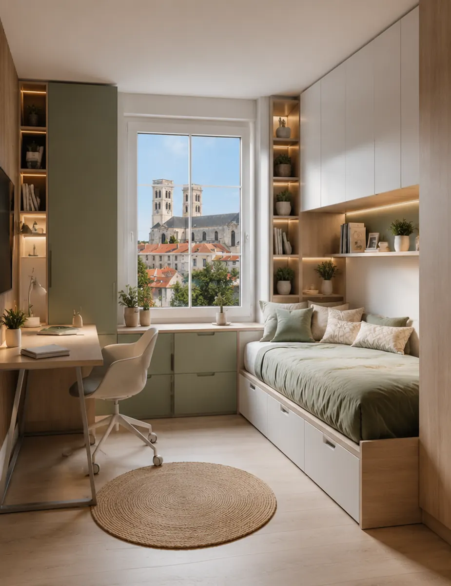 Petite chambre optimisée avec rangements sur mesure à Verdun – IDEE&CO
