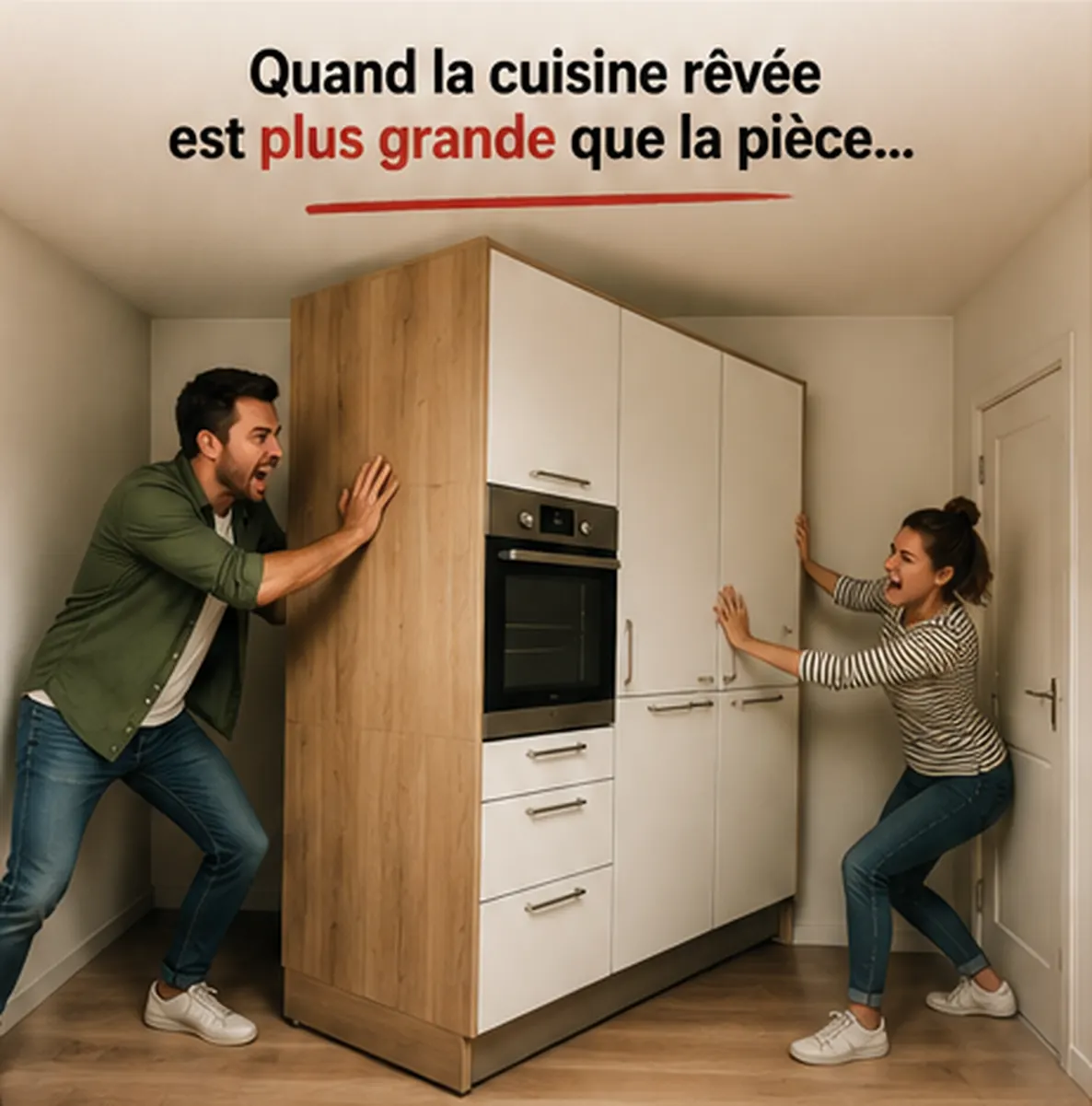Couple essayant de faire entrer une grande cuisine dans une petite pièce avec humour