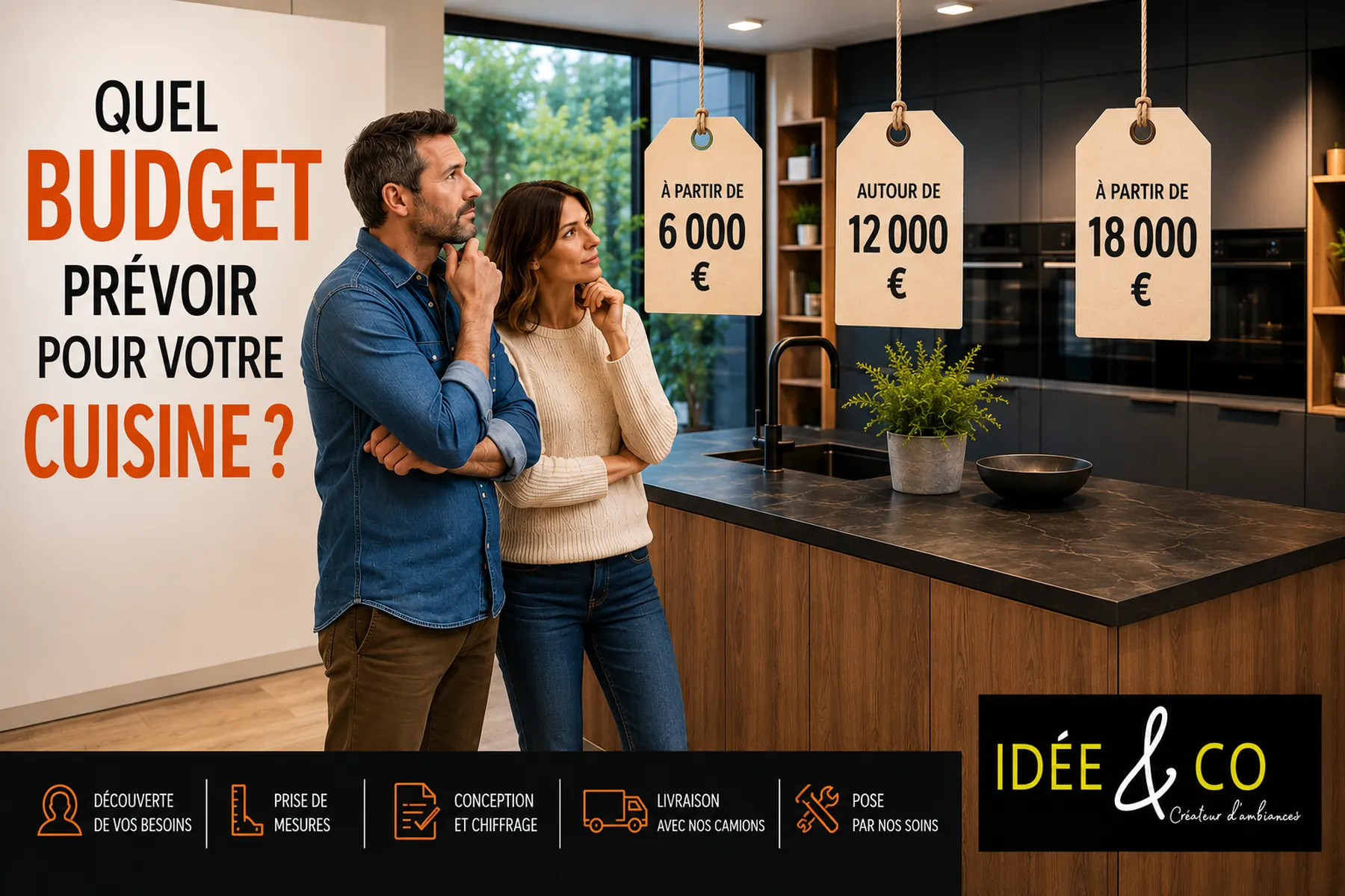 Couple découvrant le budget d'une cuisine équipée dans le showroom IDEE&CO à Verdun