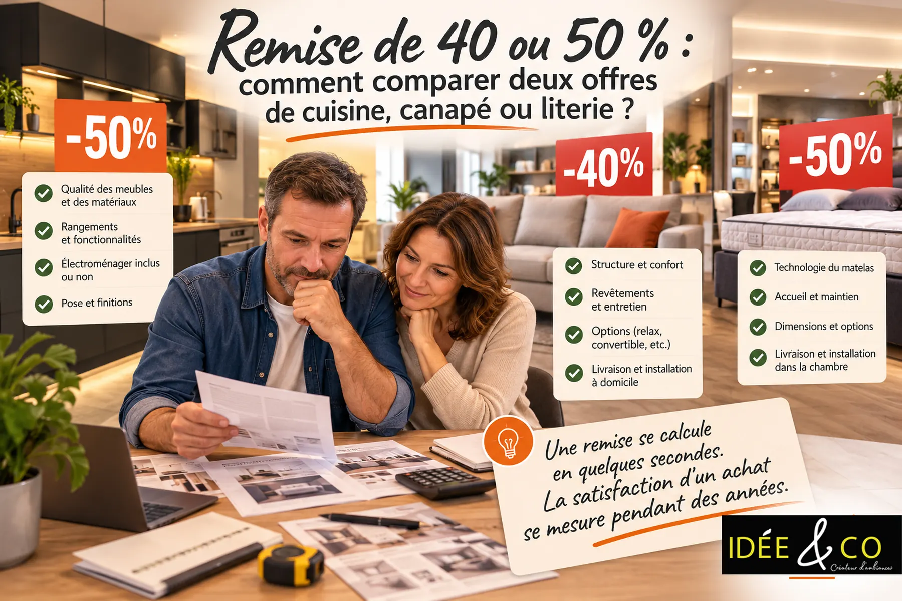 Comparer les remises affichées et les prix réellement payés pour la cuisine, le canapé et la literie