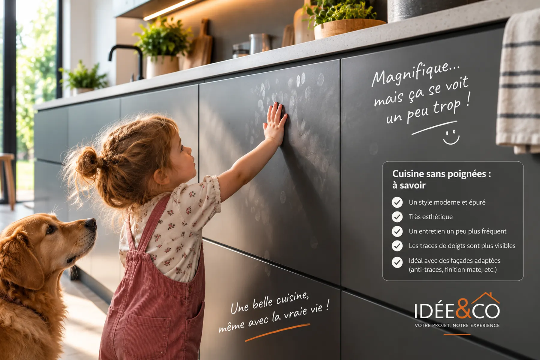 Scène humoristique montrant les traces de doigts possibles sur une façade de cuisine sans poignées