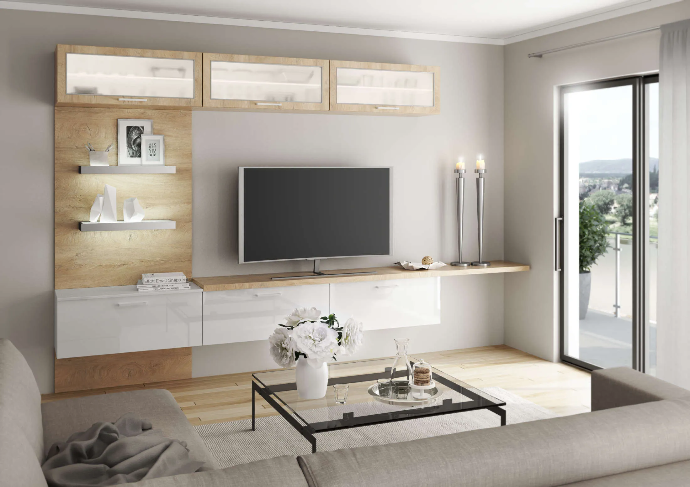 S'intégre totalement au salon : meuble TV sur-mesure blanc brillant et bois clair avec étagères lumineuses et meubles hauts rétroéclairés