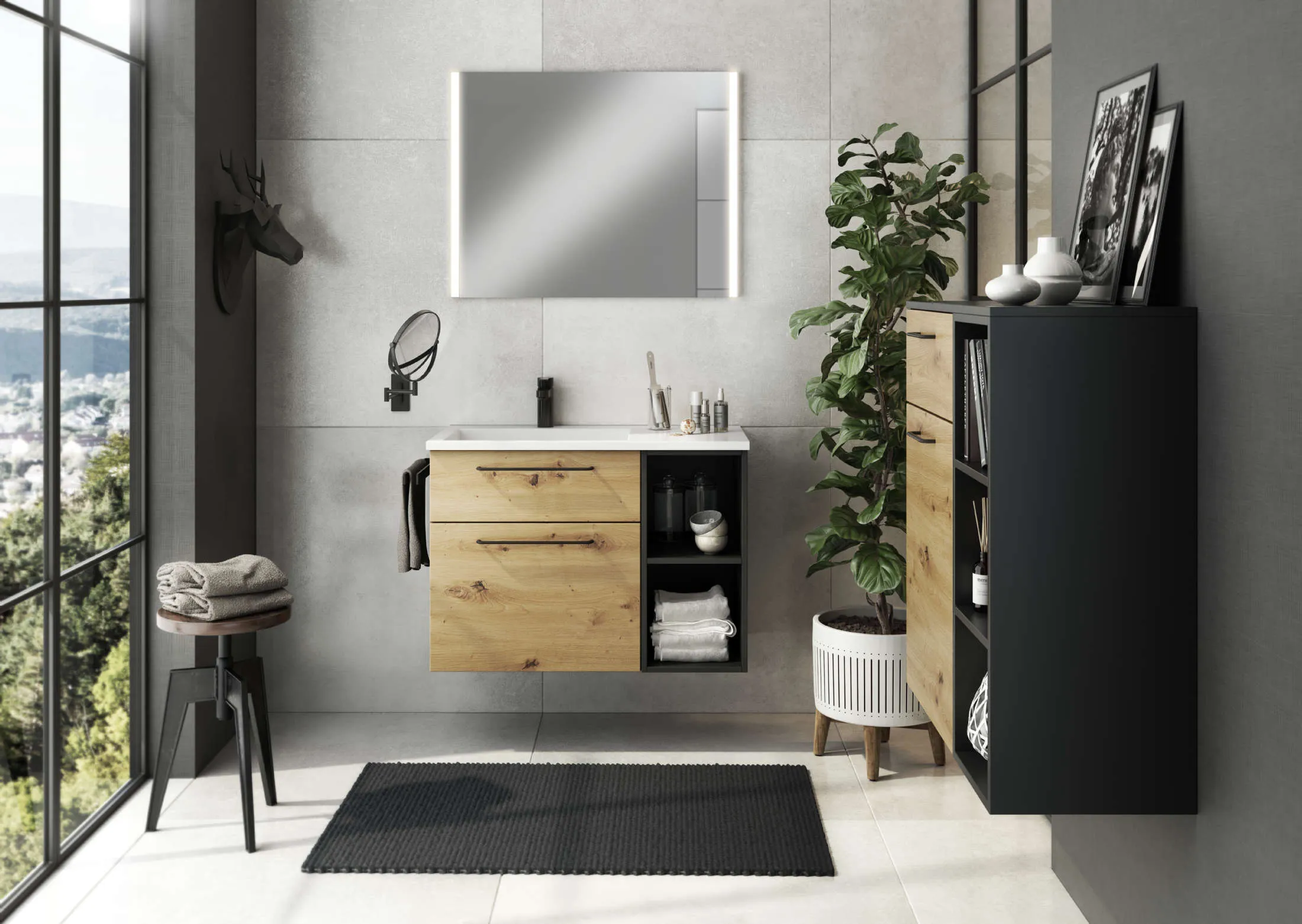 Meubles de salle de bain sur-mesure portes bois et niches noires mat pour un petit côté industriel