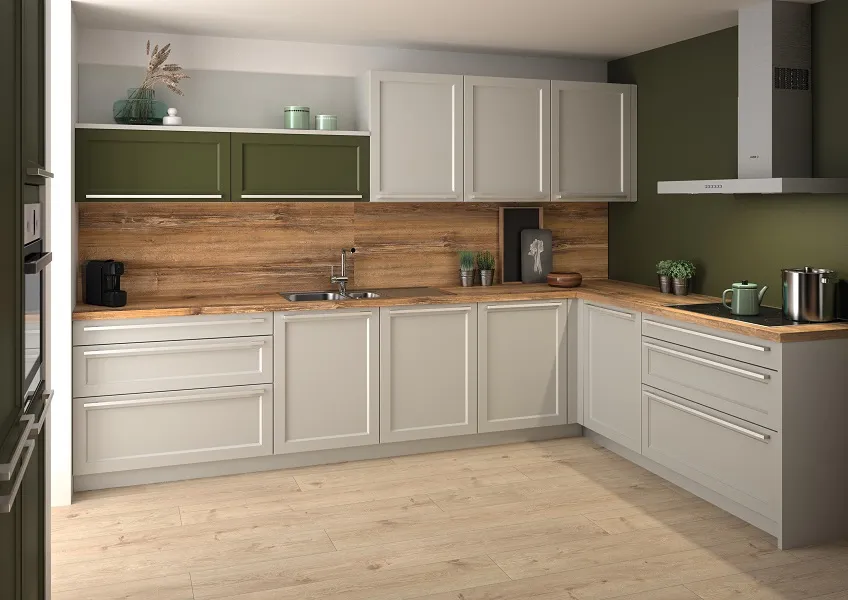 Cuisine cottage mastic, kaki et bois naturel