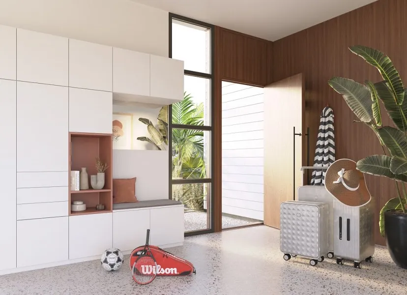Meuble de rangement blanc avec niche terracota et banquette pour une entrée toujours propre et rangée