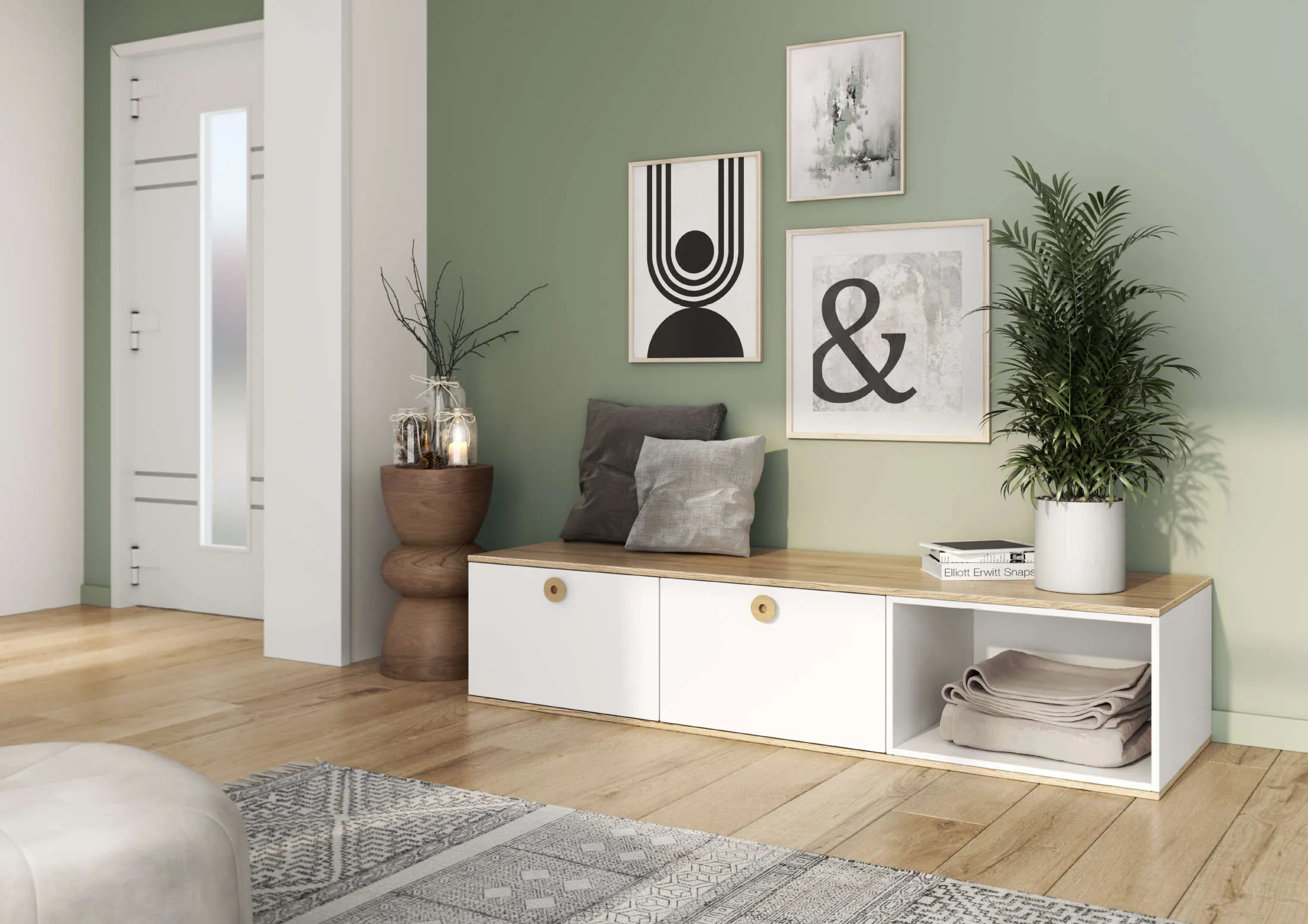 Parfait pour une entrée toujours rangée, petit meuble banquette sur-mesure blanc et bois clair pour ranger vos chaussures