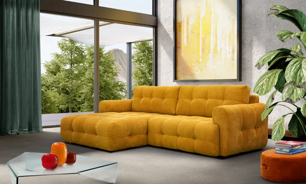 Canapé jaune capitonné, larges coussins et grande profondeur d'assise (disponible dans autres configurations, autres tissus et coloris)