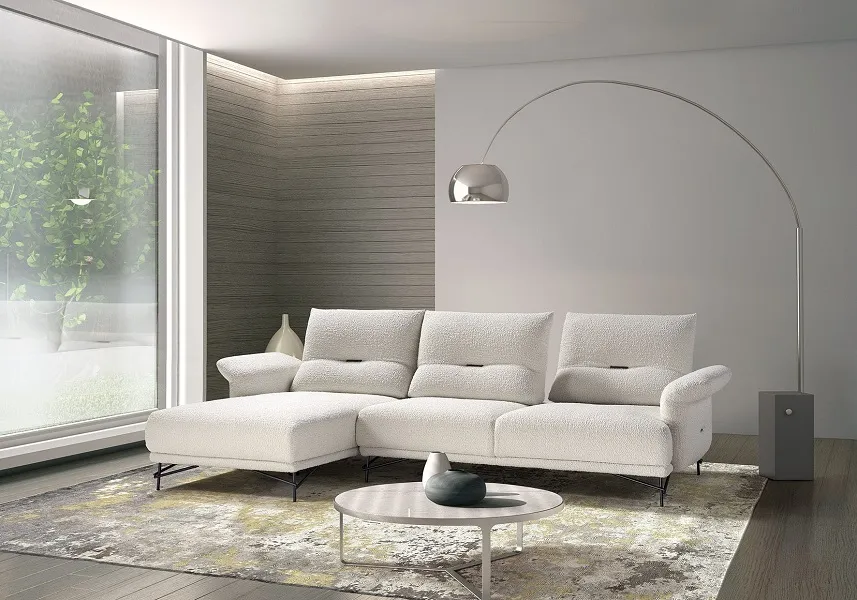Canapé design bouclettes blanc avec chaise longue et dossiers avance-recule (disponible autres configurations, autres tissus et cuirs)