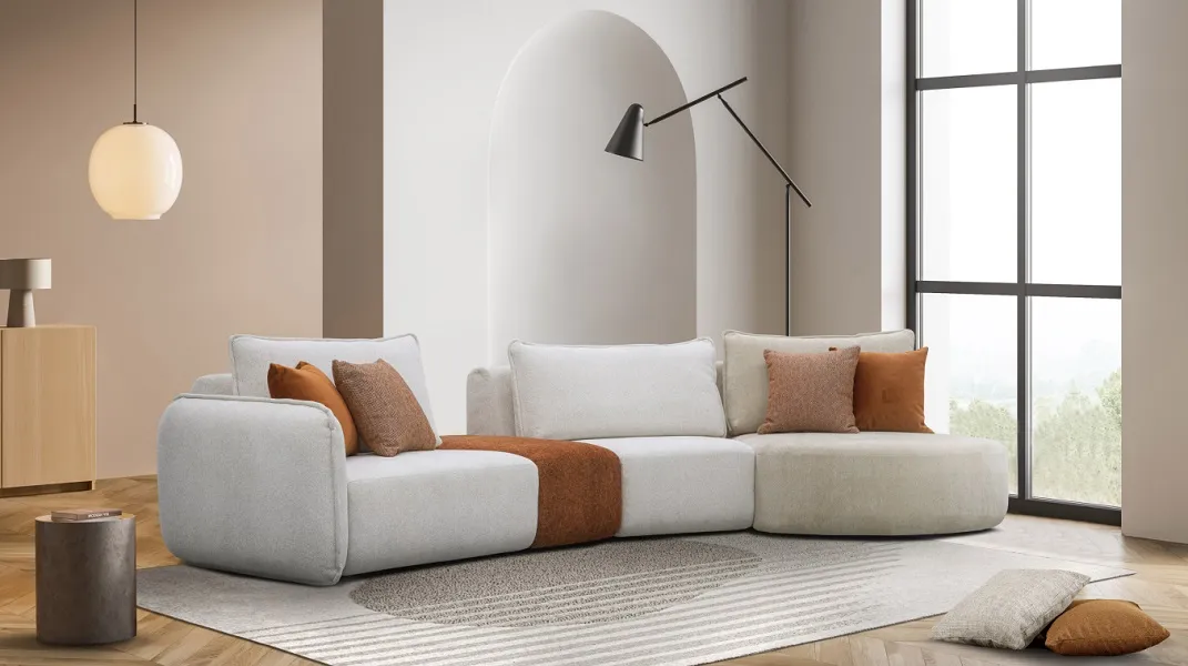 Canapé avec chaise longue arrondie, larges coussins et grande profondeur d'assise (disponible autres configurations, tissus et coloris)