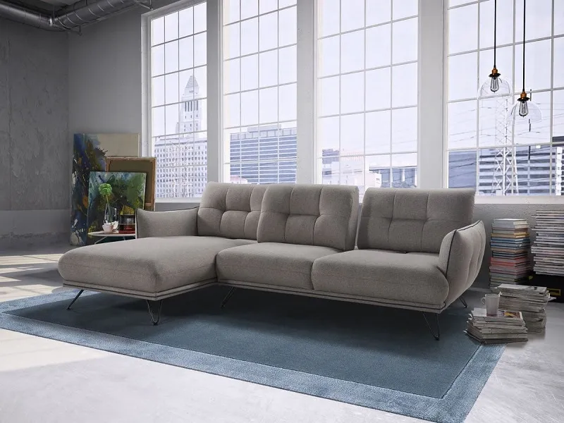 Canapé design gris avec chaise longue et dossiers avance-recule (disponible autres configurations, autres tissus et cuirs)