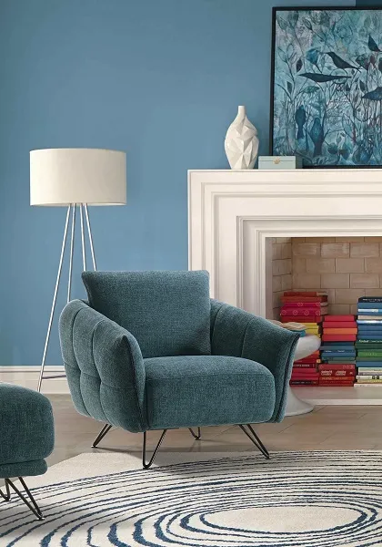 Confort absolu ! Fauteuil bleu vert avec pieds métal noir (disponible dans d'autres tissus et cuirs)