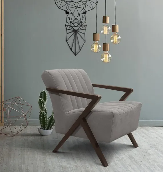 Assurément contemporain ! Fauteuil confortable gris avec accoudoirs bois (disponibles dans d'autres tissus et coloris)