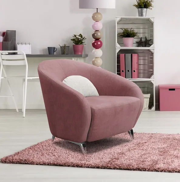 Mignon et confortable ! Petit fauteuil rose et coussin blanc, aux pieds chromé (disponible dans autres tissus et coloris)