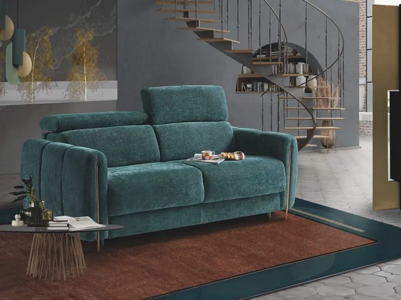 Confort et élégance ! Canapé convertible bleu turquoise avec pieds bronze et têtières relevable (autres dimensions, tissus et cuirs dispo.)