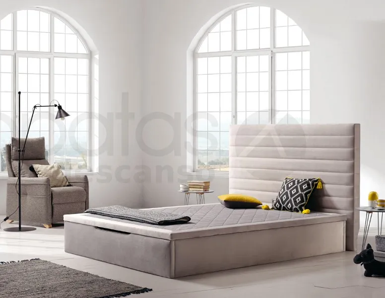 Lit-coffre tissu velours gris clair, Hauteur 34cm et Capacité intérieur Hauteur 28cm. Disponible dans d'autres dimensions, tissus et coloris