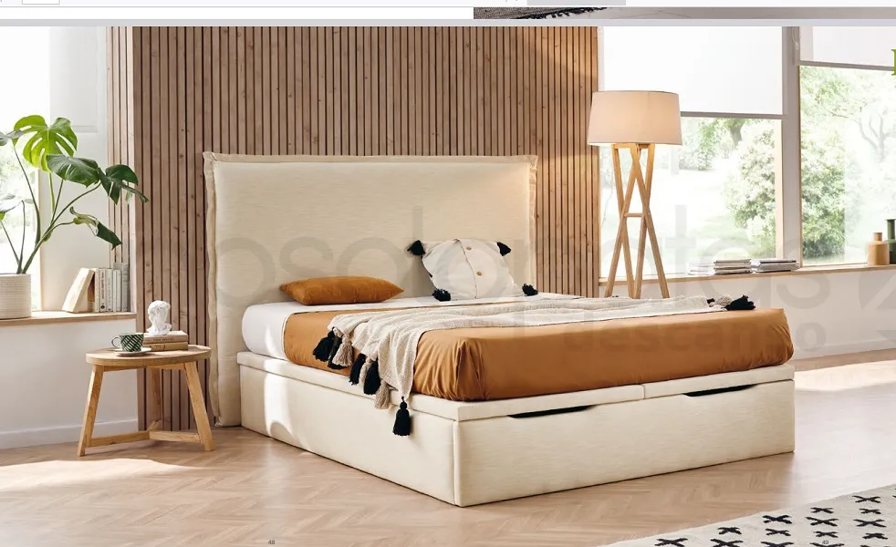 Lit-coffre tissu beige-écru, Hauteur 34cm et Capacité intérieur Hauteur 28cm. Disponible dans d'autres dimensions, tissus et coloris