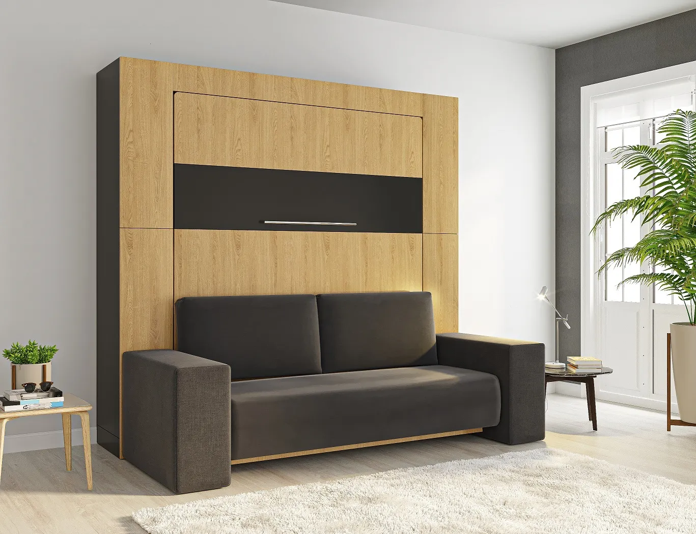 Spécial petits espaces, lit gain de place vertical bois et noir avec canapé tissu anthracite