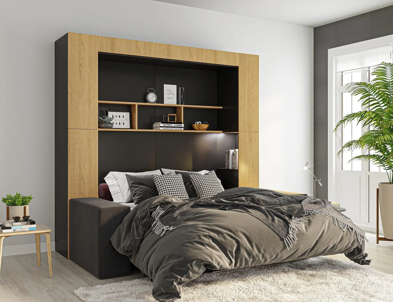 Une fois ouvert, ce lit rabattable offre un bel espace nuit avec étagères et rangements noir et bois