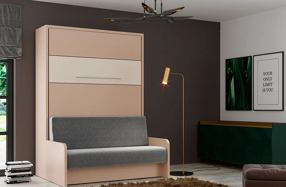 Spécial studio, lit gain de place vertical avec canapé intégré, coloris et dimensions au choix