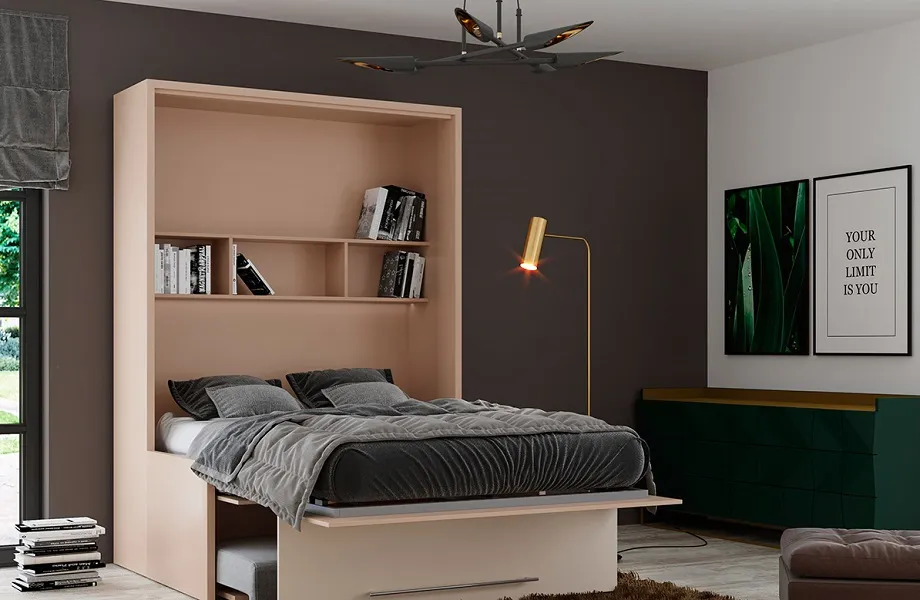 Optimisation de l'espace ! Grâce à ce lit rabattable vous disposez d'un espace nuit avec de belles étagères, coloris au choix