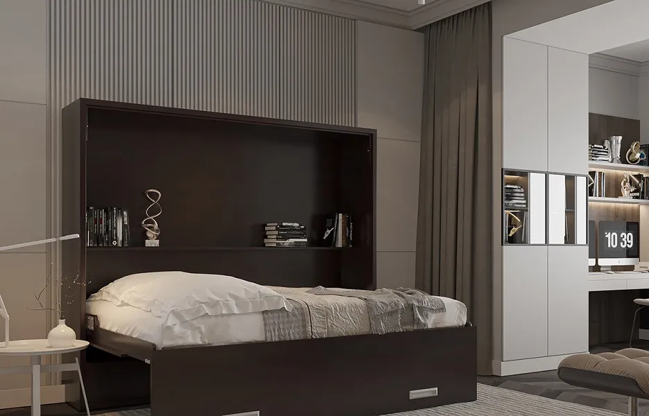 Gain de place assuré avec ce lit rabattable horizontal 1 personne disposant d'une belle étagère une fois ouvert
