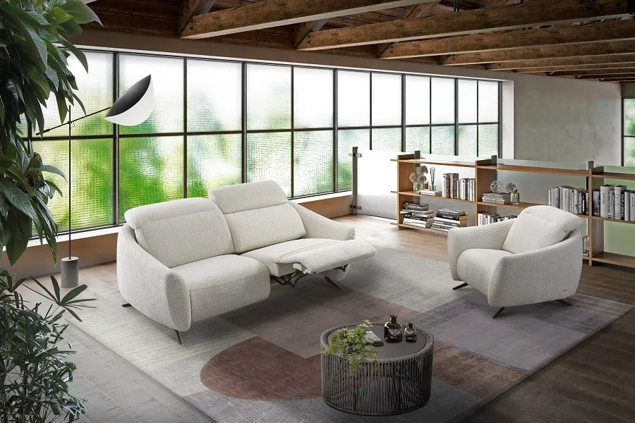 Canapé et fauteuil relaxation tissus bouclettes blanc (disponibles en tissus ou cuirs, en fixe, convertible, chaises longues et méridienne)