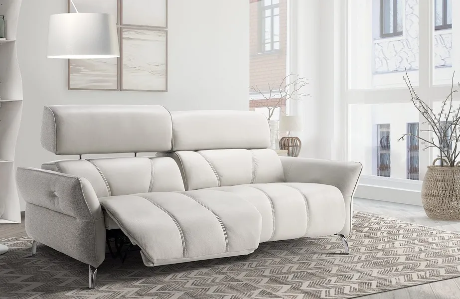 Canapé cuir et tissu 3 places avec 2 fauteuils relaxation et têtières réglables électriques (disponible dans d'autres configurations, tissus et cuirs)