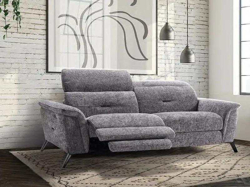 Canapé 3 places, 2 fauteuils relaxation électriques, tissu chenille gris et pieds métal (autres configurations, tissus et cuirs disponibles)