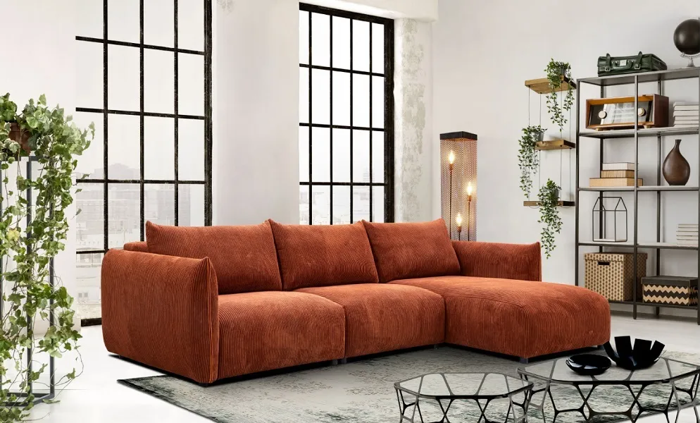 Canapé Farido fixe, assisse profonde avec ou sans chaise longue en tissu velours côtelé terracota (autres configurations et tissus possible)