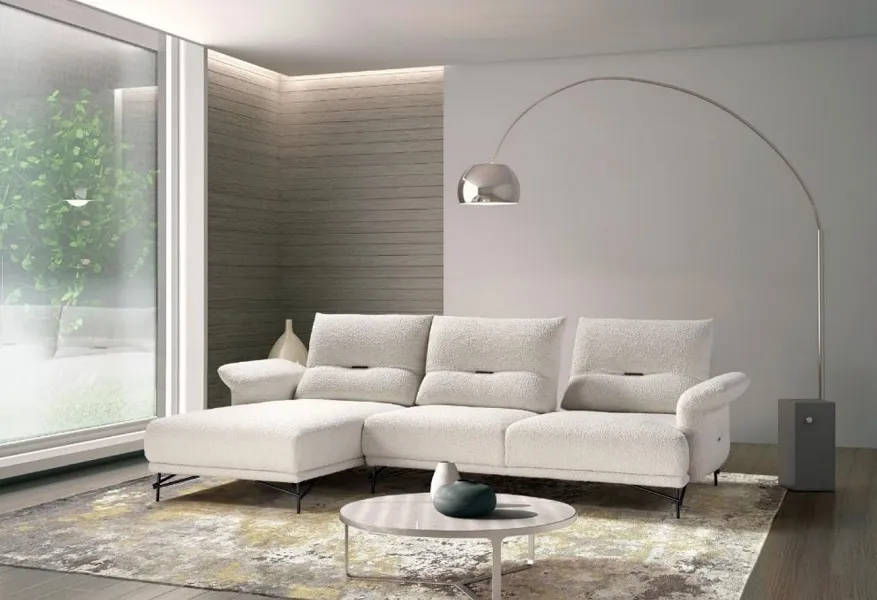 Canapé design tissu blanc bouclettes avec dossiers avance-recule et chaise longue (disponible dans d'autres configurations, tissus et cuirs)