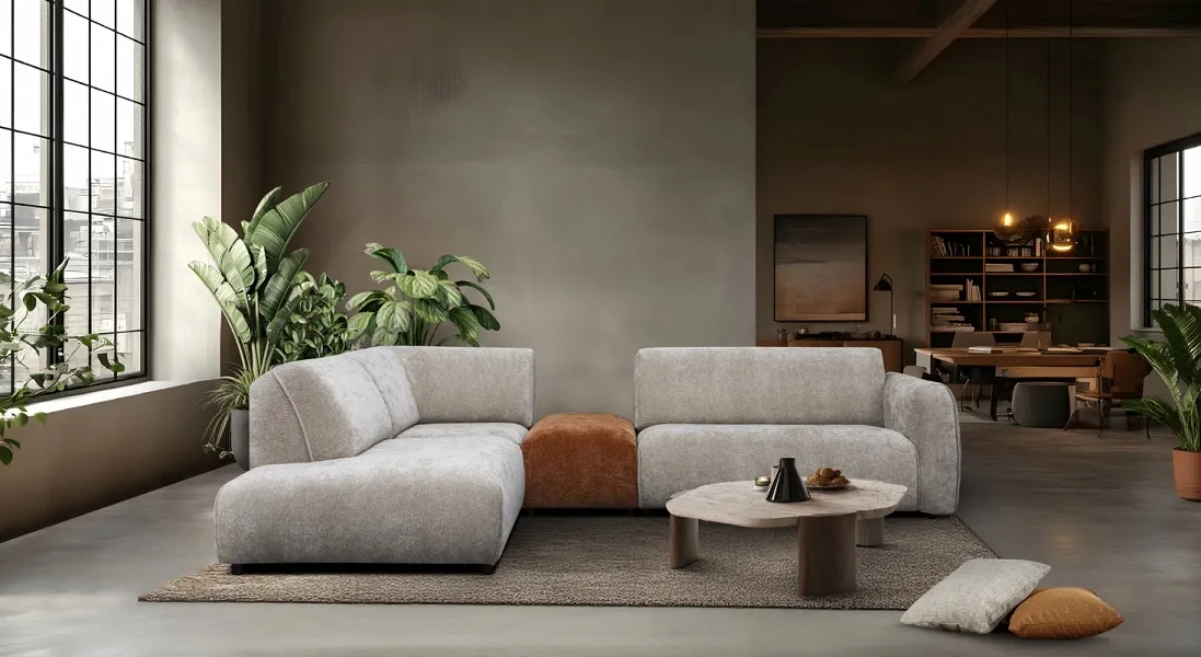 Canapé d'angle avec méridienne gris et terracota (disponibles dans d'autres configurations, tissus et coloris)