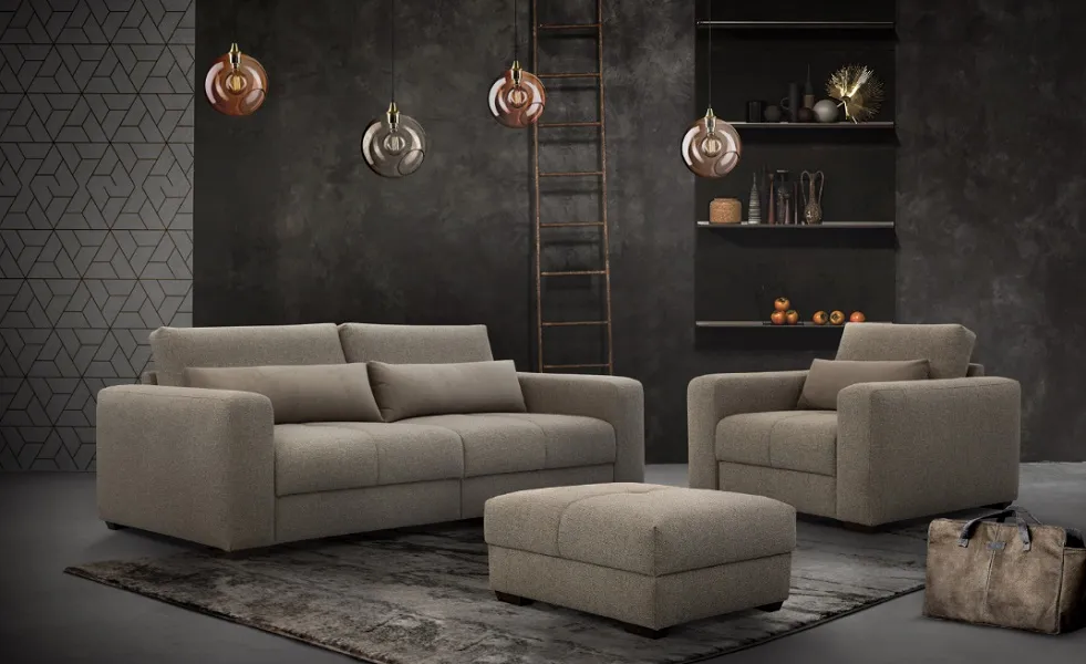 Canapé et fauteuil Oxen fixe, assise profonde avec coussin cale dos, tissu gris (autres configurations et tissus disponibles)